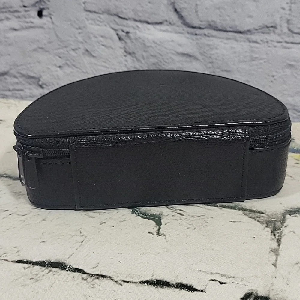 Vintage Travel Jewelry Box Zippered Case Black Embossed Snake Texture Semicircle